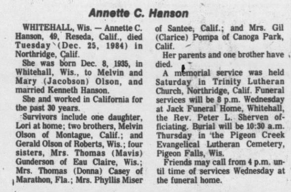 Obituary for Annette C. Hanson, 1935-1984 (Aged 49)